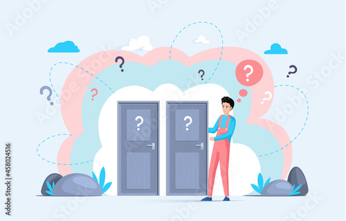 Making confusion. Doubts person surrounded by question marks. Questions dilemma situations. Asking questions. Confused people. Making choice. Being confused. Thinking or make decision. Solving problem