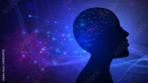 Head silhouette with glowing brain mesh on purple background