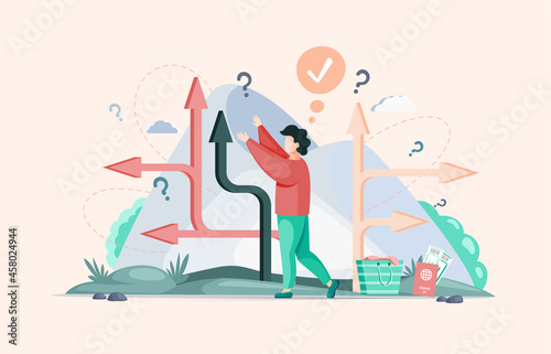 Making confusion choice of path. Man thought about solution to problem choose options person concept. Career, life and question decision. Person traveler with bag thinks hesitates to make ones choice