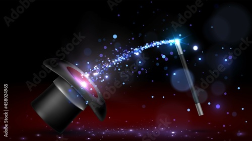 Magician's hat with sparks and light flying from it and a magic wand