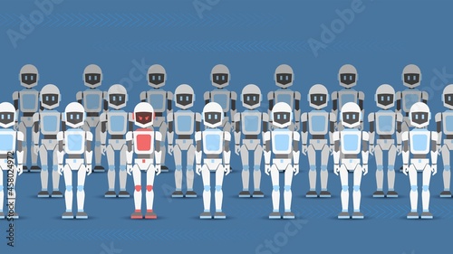 A crowd of robots stands in a row and one of them is an evil traitor