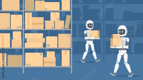 Humanoid robots carry boxes, logistics and mail automation concept