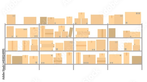 Lots of cardboard boxes on shelves on white background