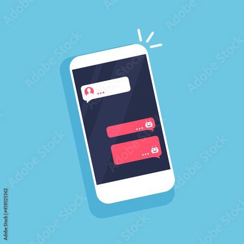 Chat bot concept. Smartphone with dialog boxes. Chatting between robot and human on phone display. Flat design of messaging bubbles. Vector illustration.