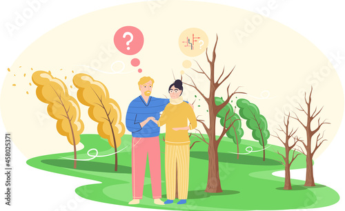 Pensive couple walking outdoor in park, people ponder looking for answer to question. Cartoon confused characters. Frustrated man and woman making decision. Vulnerable person in doubt making confusion