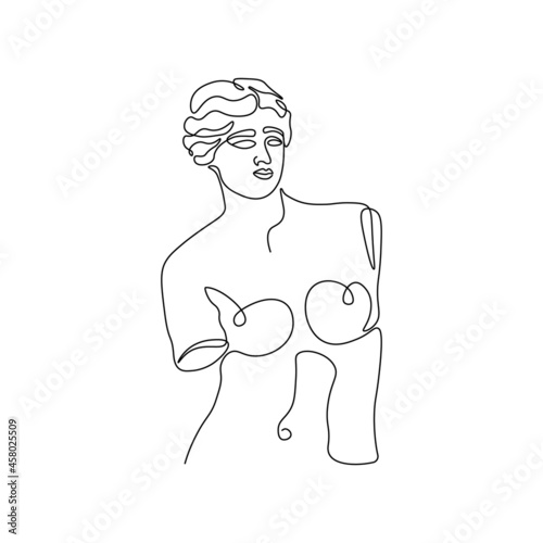 One line Greece mythology sculpture. Ancient greek statue hand drawn continuous line, Venus de Milo goddess torso. Vector art