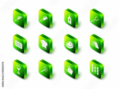 Set Meat chopper, Tabasco sauce, Barbecue fork, Wooden logs, Grilled shish kebab, Steak meat, Cow head and Burning match with fire icon. Vector