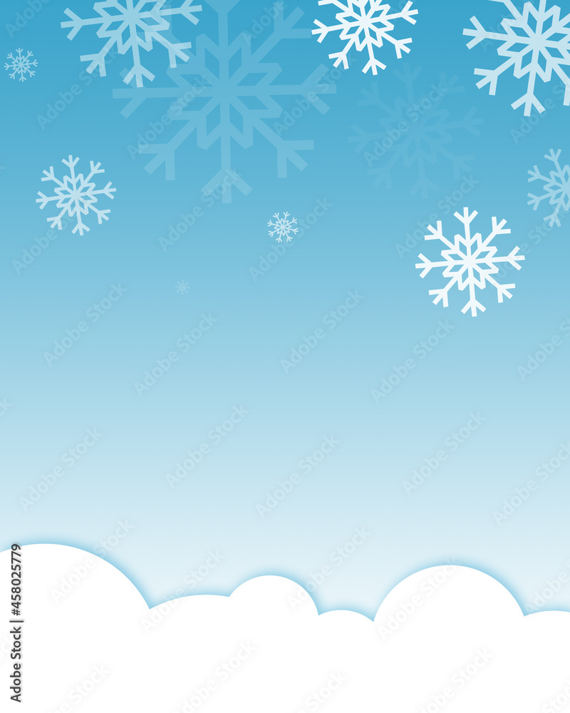 Illustration of white snow on a blue background with white clouds - vertical format 4 to 5 - winter festive background for congratulation or poster