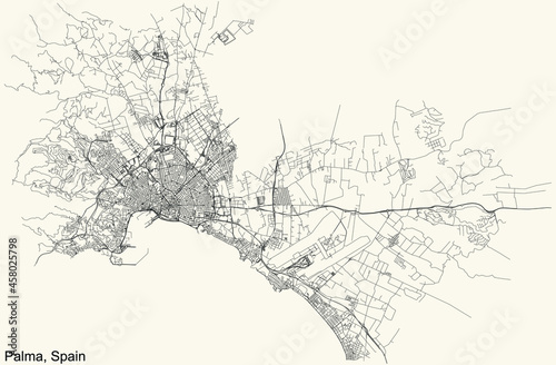 Detailed navigation urban street roads map on vintage beige background of the Spanish regional capital city of Palma, Spain