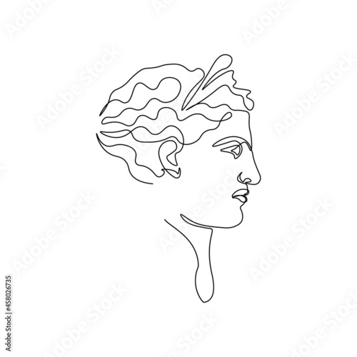 One line ancient greek statue. Greece mythology sculpture hand drawn continuous line, Artemis goddess head. Modern vector art