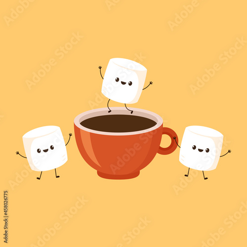 Marshmallow vector. marshmallow character. wallpaper. coffee cup. marshmallow in coffee cup.