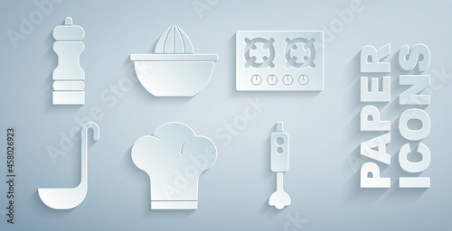 Set Chef hat, Gas stove, Kitchen ladle, Blender, Citrus fruit juicer and Pepper icon. Vector