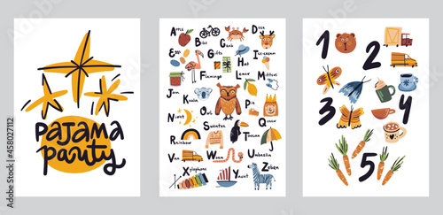 ABC, numbers, poster with lettering Pajama party Collection of nursery posters with cute and fun elements, animals, objects. Vector illustration isolated on white, ideal for kids.
