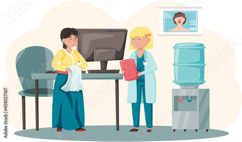 Health care, medical examination, patient at otolaryngologist appointment. Person consults with doctor about illnesses in hospital. Doctor s office for treatment and specializes in diagnosis