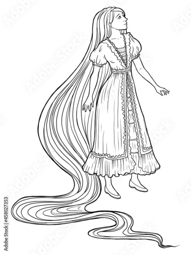 Rapunzel. Girl with very long hair standing thoughtfully. Fairytale character design. Black and white vector illustration