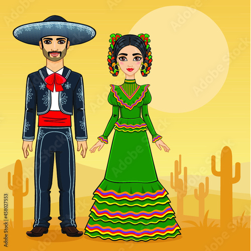 Mexican family in traditional festive clothes. Background the desert with a cactus.
