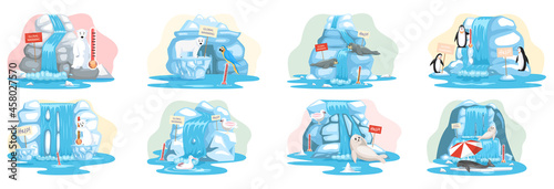 Global warming, environment pollution, global warming heating impact. Change climate. Penguins and polar bear floating on iceberg. World Environment Day, sun ecology. Global warming ice landscape