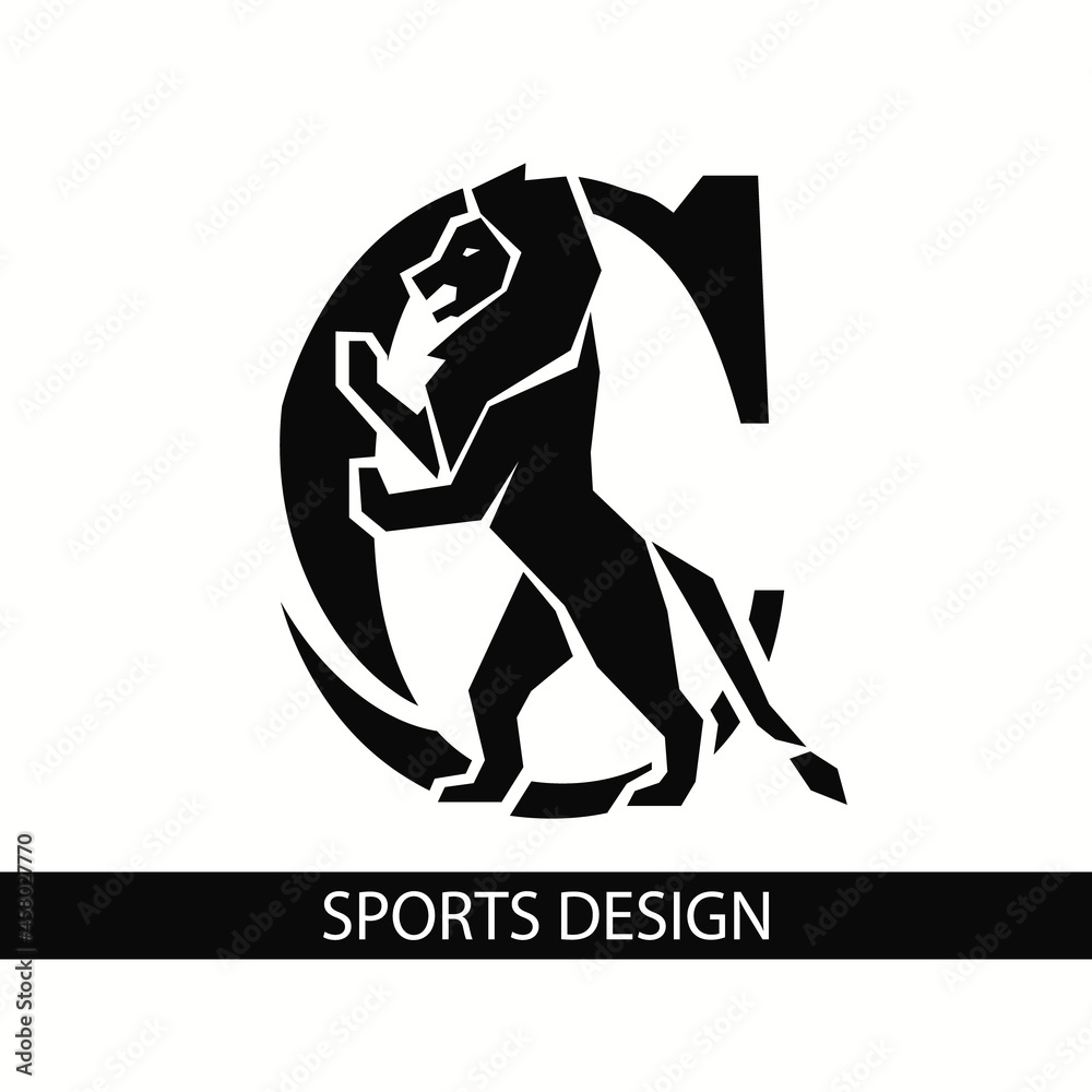 Fototapeta premium Letter C with Lion. Sporty Design. Creative Black Logo with Royal Character. Animal Silhouette. Stylish Template for Brand Name, Sports Club, Business Cards, Printing on Clothing. Vector Illustration