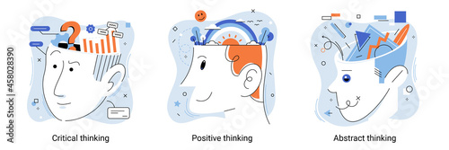 Brain activity. Critical thinking, positive thinking, abstract thinking types of intellection. Decision making, emotional intelligence, positive mindset, psychology and neurology. Creative metaphor