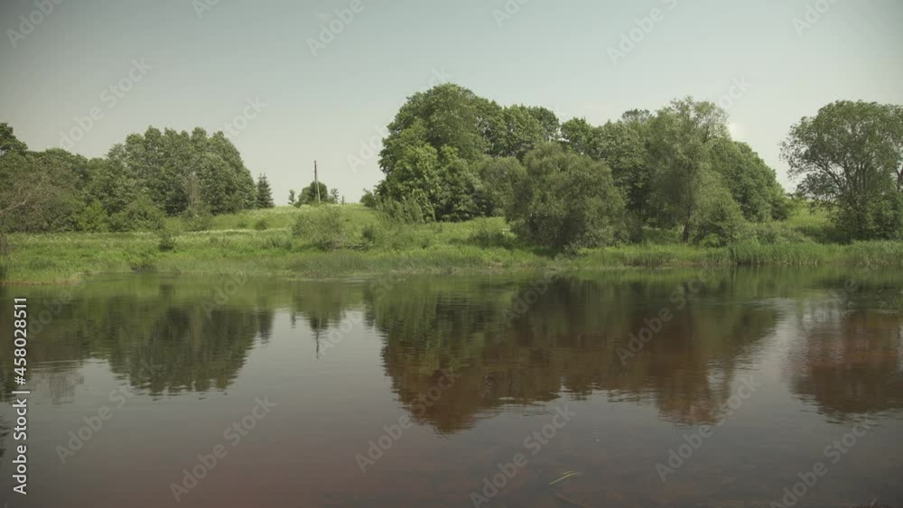 A river passing through green forest and meadows in a sunny summer day A river passing through green forest and meadows in a sunny summer day