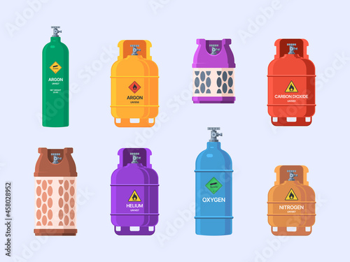 Gas tanks. Oil industry steel cylinder with valves refilling garish vector illustrations isolated