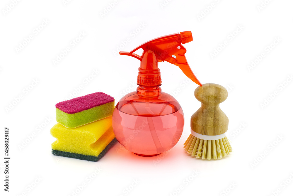 Colorful sponges, dish brushes and spray bottle Colorful sponges, dish brushes and spray bottle