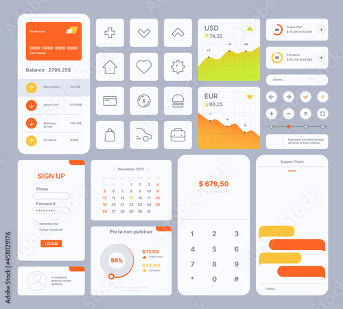 Web ui templates. User kit digital infographic elements dividers search bar frames buttons slider preview icons navigation symbols garish vector collection