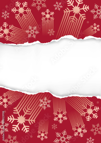 Red christmas background with torn paper.
 Illustration of red backdrop with stylized snowflakes. Banner template. Vector available.