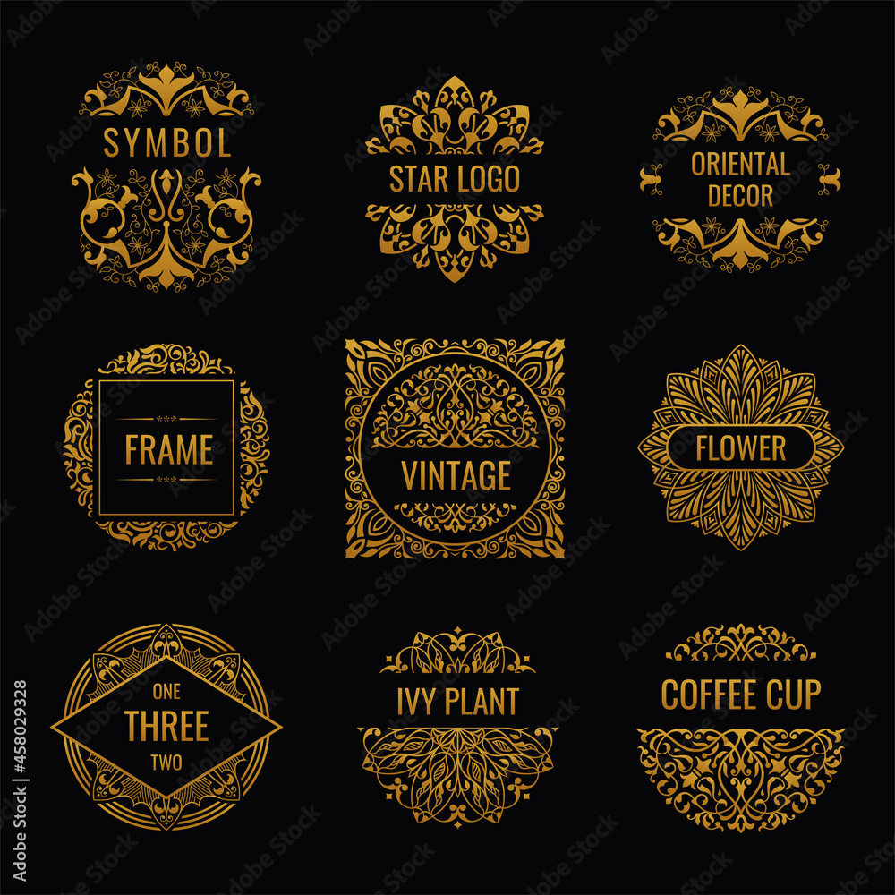 Golden eastern emblems set and vintage floral labels