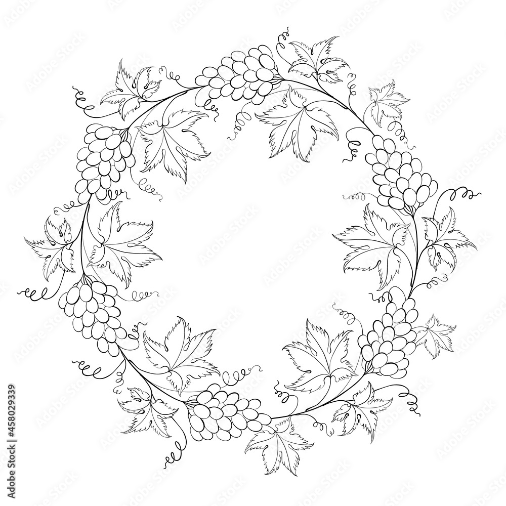 Round wreath of grapes in black and white. Frame made of grapes berries and leaves.