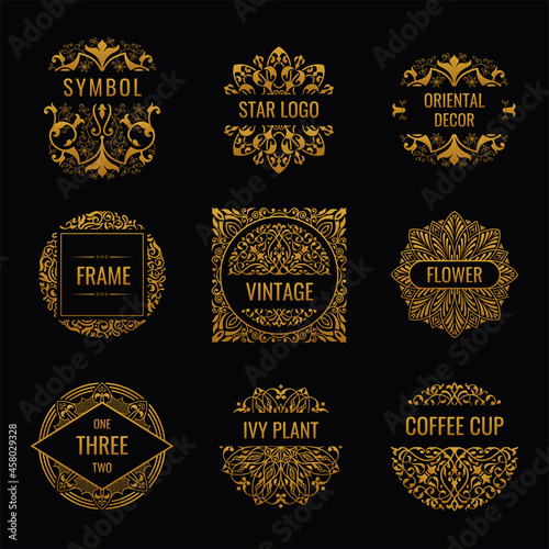 Golden eastern emblems set and vintage floral labels