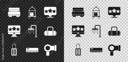Set Hotel room bed, Suitcase, Five stars rating review, Air conditioner, Hair dryer, and Shower icon. Vector