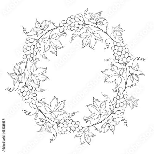 Round wreath of grapes in black and white. Frame made of grapes berries and leaves.