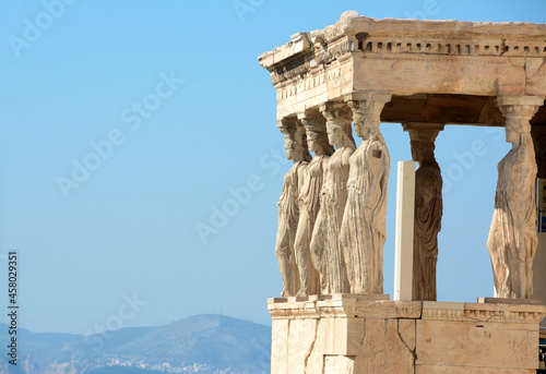 The Erechtheum is a Greek Ionic temple from the 5th century BC, located on the Acropolis of Athens.
