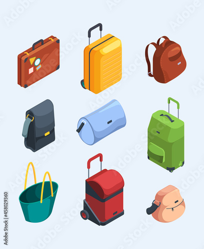 Isometric luggage. 3d pictures of suitcases luggage for travellers bags for adventure trip garish vector illustrations