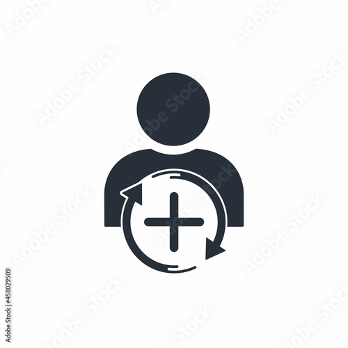 A man with a plus button. Add a business partner, client. Vector linear icon isolated on white background.