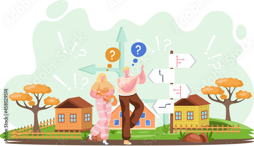 Pensive couple walking on street, people ponder, looking for answer to question. Cartoon confused characters. Frustrated man and woman making decision. Vulnerable person in doubt making confusion