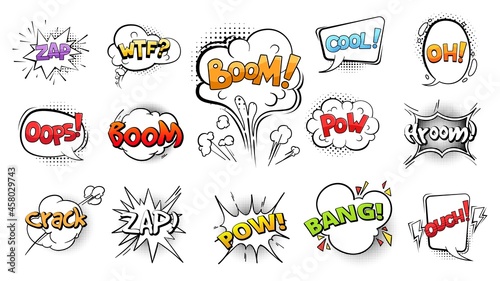 Comic speech bubbles collection. Isolated clouds with text, cartoon explosion vector set