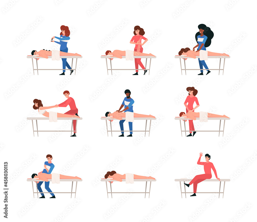 Medical massage. Spa salon thai therapist wellness relaxing salon for manual healthcare therapy garish vector flat colored concept pictures