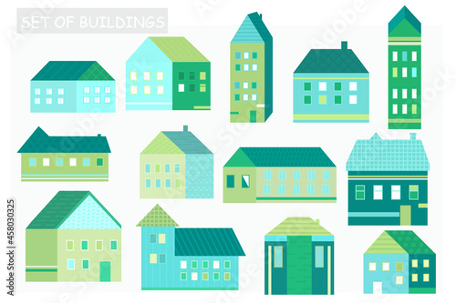Set of vector houses in green and blue. Icons of houses.