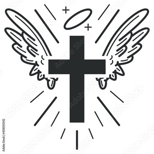 Christian cross with angel wing and halo vector icon isolated on a white background.