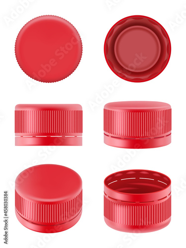 Bottle caps. Colorful realistic plastic caps for food containers polyethylene bottles for water drinks decent vector top and side views