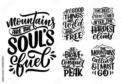 Poster with quotes about mountains. Lettering slogans. Motivational phrases for print design. Vector