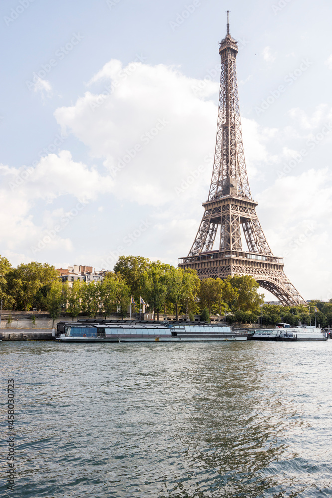 View of the Eiffel Tower from the river Seine. Paris, France.
