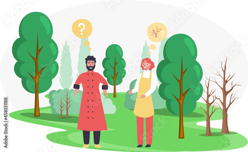 Pensive couple walking outdoor in park, people ponder looking for answer to question. Cartoon confused characters. Frustrated man and woman making decision. Vulnerable person in doubt making confusion