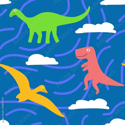 Kids dino pattern on abstact blue background with clouds. t rex  brontosaurus and Pterodactylus characters.