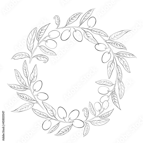 Round wreath of olives branch in black and white. Frame made of olive berrie and leaf.