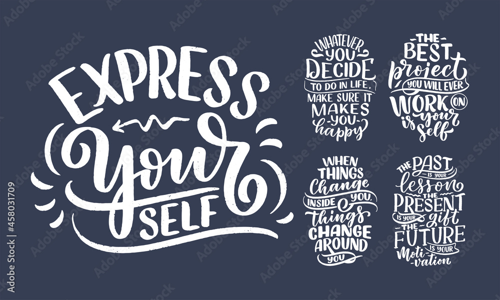 Set with lettering slogans about be yourself. Funny quotes for blog, poster and print design. Modern calligraphy texts about selfcare. Vector