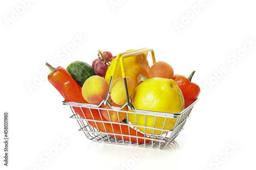 Fototapeta Naklejka Na Ścianę i Meble -  Shop basket with vegetables and fruits isolated on white background