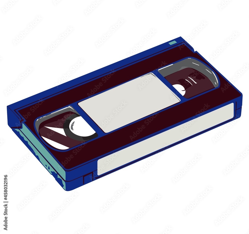 Blue VHS video tape isolated on white background. Retro video tape